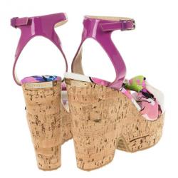 مملوكة مسبقًا Jimmy Choo Purple Gleam Printed Cork Wedge Sandals Size 41