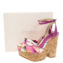 مملوكة مسبقًا Jimmy Choo Purple Gleam Printed Cork Wedge Sandals Size 41