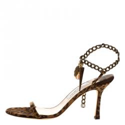 مملوكة مسبقًا Jimmy Choo Brown Leopard Print Suede Edin Charm Embellished Sandals Size 38