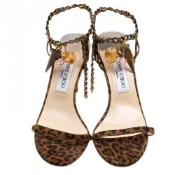 مملوكة مسبقًا Jimmy Choo Brown Leopard Print Suede Edin Charm Embellished Sandals Size 38