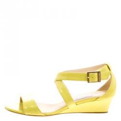 Pre Owned Jimmy Choo Yellow Patent Leather Chiara Ankle Strap Wedge Sandals Size 39