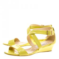 Pre Owned Jimmy Choo Yellow Patent Leather Chiara Ankle Strap Wedge Sandals Size 39