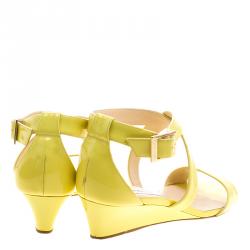 Pre Owned Jimmy Choo Yellow Patent Leather Chiara Ankle Strap Wedge Sandals Size 39