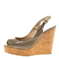 Pre Owned Jimmy Choo Grey Patent Leather Prova Slingback Cork Wedge Sandals Size 37