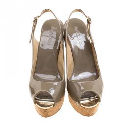Pre Owned Jimmy Choo Grey Patent Leather Prova Slingback Cork Wedge Sandals Size 37