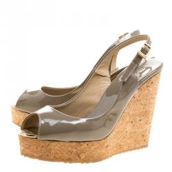 Pre Owned Jimmy Choo Grey Patent Leather Prova Slingback Cork Wedge Sandals Size 37