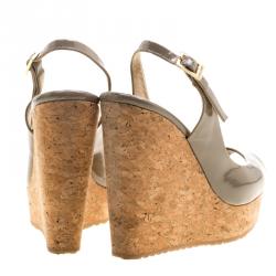 Pre Owned Jimmy Choo Grey Patent Leather Prova Slingback Cork Wedge Sandals Size 37