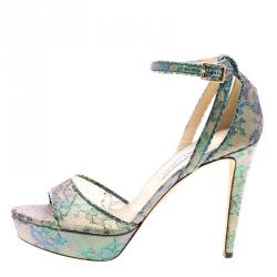 Pre Owned حذاء كعب عا�لي جيمي تشو كايدين دانتيل هولوغرافيك بحزام للكاحل نعل سميك مقاس 40.5