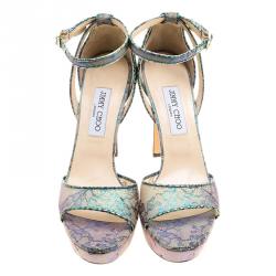 Pre Owned حذاء كعب عالي جيمي تشو كايدين دانتيل هولوغرافيك بحزام للكاحل نعل سميك مقاس 40.5