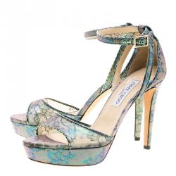 Pre Owned حذاء كعب عالي جيمي تشو كايدين دانتيل هولوغرافيك بحزام للكاحل نعل سميك مقاس 40.5