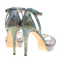 Pre Owned حذاء كعب عالي جيمي تشو كايدين دانتيل هولوغرافيك بحزام للكاحل نعل سميك مقاس 40.5