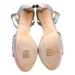 Pre Owned حذاء كعب عالي جيمي تشو كايدين دانتيل هولوغرافيك بحزام للكاحل نعل سميك مقاس 40.5