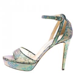 مملوكة مسبقًا Jimmy Choo Holographic Lace Kayden Ankle Strap Platform Sandals Size 37.5