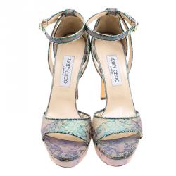 مملوكة مسبقًا Jimmy Choo Holographic Lace Kayden Ankle Strap Platform Sandals Size 37.5