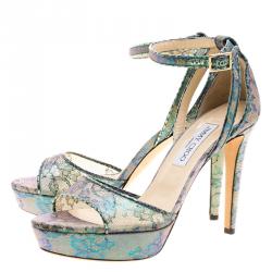 مملوكة مسبقًا Jimmy Choo Holographic Lace Kayden Ankle Strap Platform Sandals Size 37.5
