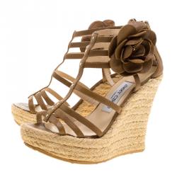 Pre Owned Jimmy Choo Brown Leather Pulse Flower Embellished Cage Espadrille Wedges Size 37
