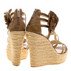 Pre Owned Jimmy Choo Brown Leather Pulse Flower Embellished Cage Espadrille Wedges Size 37