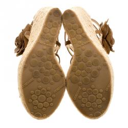Pre Owned Jimmy Choo Brown Leather Pulse Flower Embellished Cage Espadrille Wedges Size 37