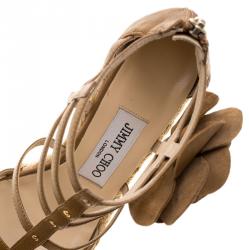 Pre Owned Jimmy Choo Brown Leather Pulse Flower Embellished Cage Espadrille Wedges Size 37