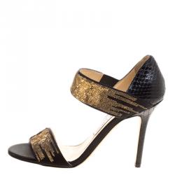 مملوكة مسبقًا Jimmy Choo Black Satin and Python Tallow Gold Sequined Sandals Size 36.5