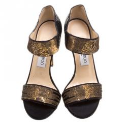 مملوكة مسبقًا Jimmy Choo Black Satin and Python Tallow Gold Sequined Sandals Size 36.5