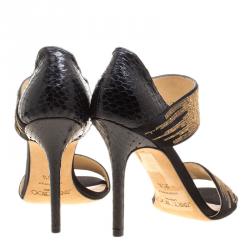 مملوكة مسبقًا Jimmy Choo Black Satin and Python Tallow Gold Sequined Sandals Size 36.5
