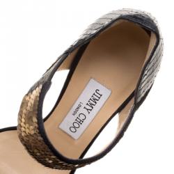 مملوكة مسبقًا Jimmy Choo Black Satin and Python Tallow Gold Sequined Sandals Size 36.5