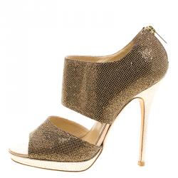 مملوكة مسبقًا Jimmy Choo Metallic Bronze Glitter Fabric Private Platform Sandals Size 38