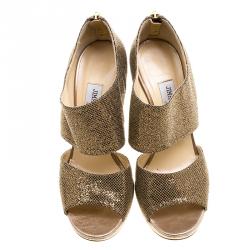 مملوكة مسبقًا Jimmy Choo Metallic Bronze Glitter Fabric Private Platform Sandals Size 38