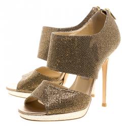 مملوكة مسبقًا Jimmy Choo Metallic Bronze Glitter Fabric Private Platform Sandals Size 38