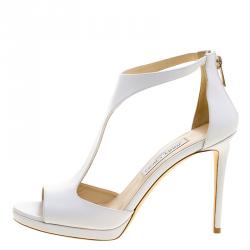 Pre Owned Jimmy Choo White Leather Lana T Strap Peep Toe Sandals Size 40