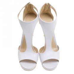 Pre Owned Jimmy Choo White Leather Lana T Strap Peep Toe Sandals Size 40
