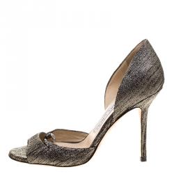 Pre Owned Jimmy Choo Metallic Grey Leather Hyacinth Chain Embellished Peep Toe D'orsay Sandals Size 35