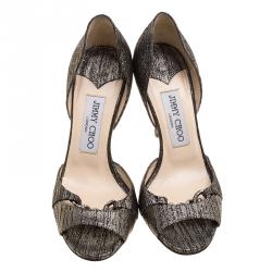 Pre Owned Jimmy Choo Metallic Grey Leather Hyacinth Chain Embellished Peep Toe D'orsay Sandals Size 35