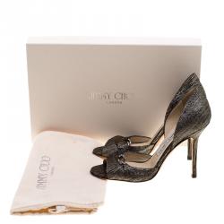 Pre Owned Jimmy Choo Metallic Grey Leather Hyacinth Chain Embellished Peep Toe D'orsay Sandals Size 35