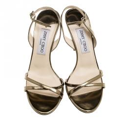 Pre Owned Jimmy Choo Metallic Bronze Leather India Strappy Slingback Sandals Size 37