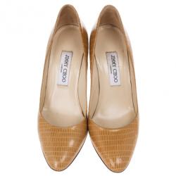 Pre Owned Jimmy Choo Tan Lizard Embossed Leather Gilbert Pumps Size 39
