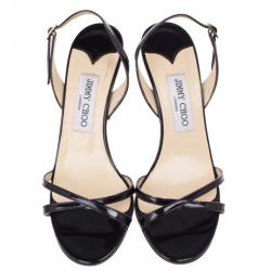 Pre Owned Jimmy Choo Navy Patent Leather India Slingback Sandals Size 38.5
