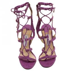 Pre Owned صندل غلادياتور جيمي تشو سويدي بنفسجي برباط كعب عالي مقاس 38