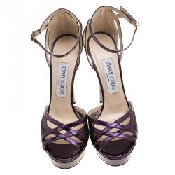 Pre Owned Jimmy Choo Purple Leather and Lace Laurita Platform Ankle Strap Sandals Size 36.5