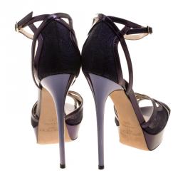 Pre Owned Jimmy Choo Purple Leather and Lace Laurita Platform Ankle Strap Sandals Size 36.5