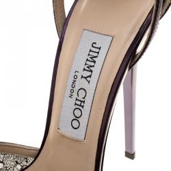 Pre Owned Jimmy Choo Purple Leather and Lace Laurita Platform Ankle Strap Sandals Size 36.5