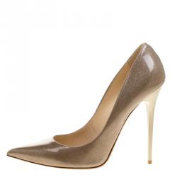 مملوكة مسبقًا حذاء كعب عالي جيمي تشو ابيل بمقدمة مدببة جلد لامع بيج لامع مقاس 41