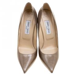 مملوكة مسبقًا حذاء كعب عالي جيمي تشو ابيل بمقدمة مدببة جلد لامع بيج لامع مقاس 41