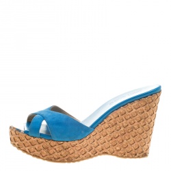 Pre Owned Jimmy Choo Blue Suede Perfume Cross Strap Cork Wedge Slides Size 37