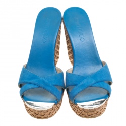 Pre Owned Jimmy Choo Blue Suede Perfume Cross Strap Cork Wedge Slides Size 37