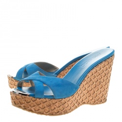 Pre Owned Jimmy Choo Blue Suede Perfume Cross Strap Cork Wedge Slides Size 37