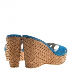 Pre Owned Jimmy Choo Blue Suede Perfume Cross Strap Cork Wedge Slides Size 37