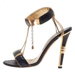 Pre Owned Jimmy Choo Black Python Embossed Ankle Strap Sandals Size 37.5