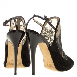 Pre Owned Jimmy Choo Black Lace Maylen Peep Toe Ankle Strap Sandals Size 37